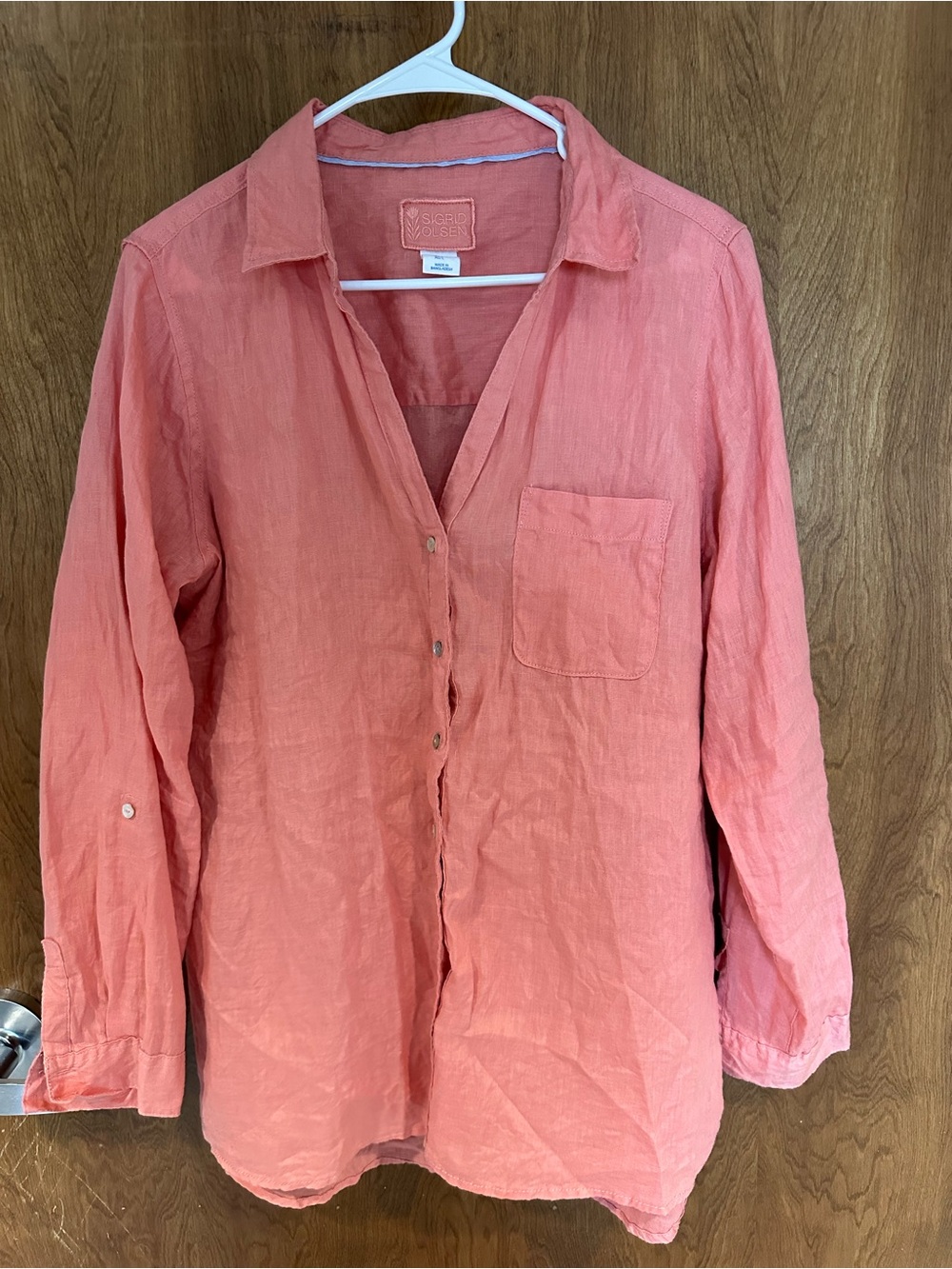 Sigrid Olsen 100% Linen Peach Button Down Top